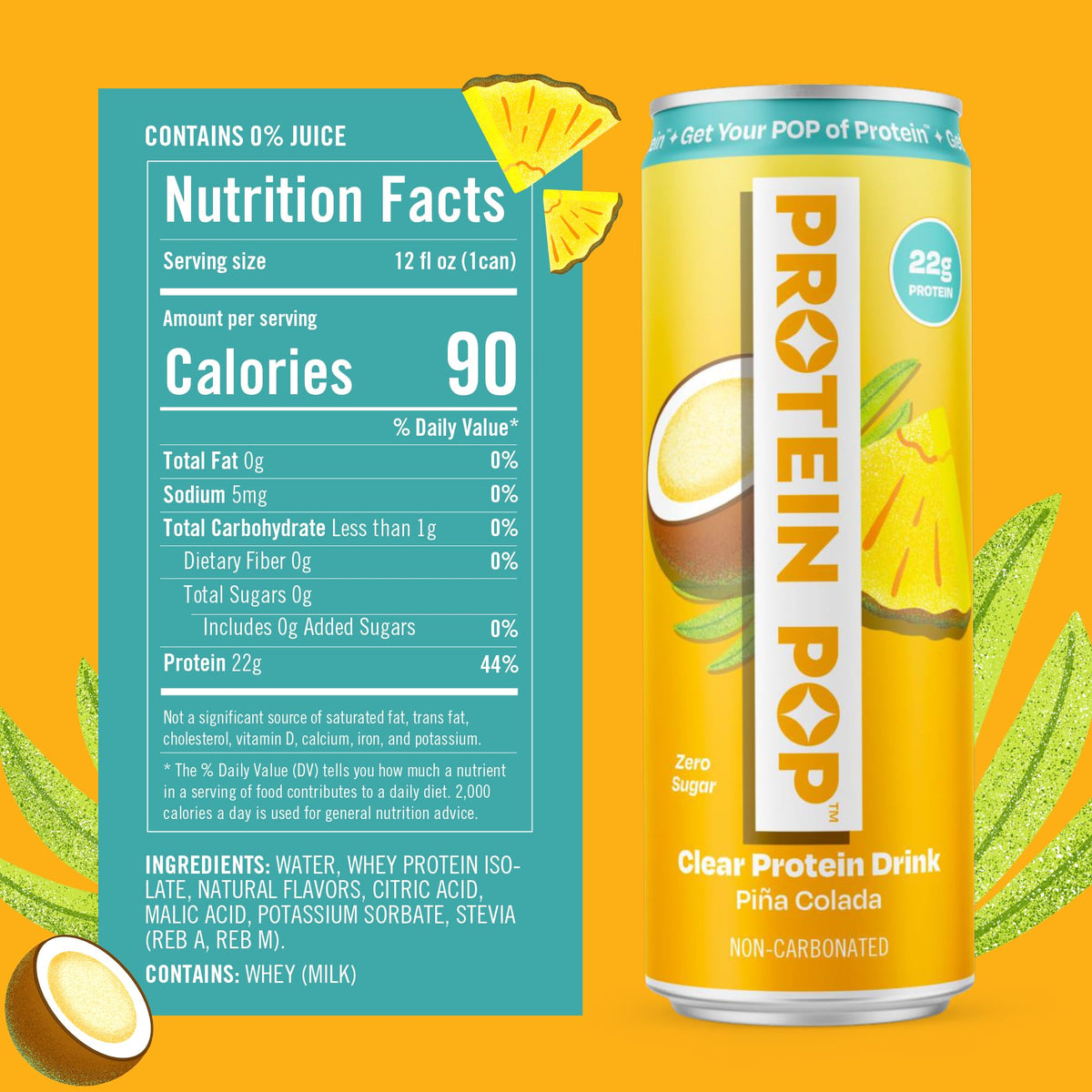 Protein Pop Piña Colada can back view, zero sugar and clean profile