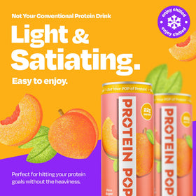 Protein Pop ready-to-drink peach can on desk for quick protein