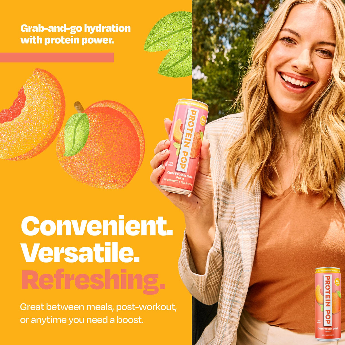 Protein Pop refreshing can on a desk, ideal for busy days