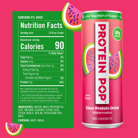 Protein Pop Watermelon clear whey can back view highlighting zero sugar.