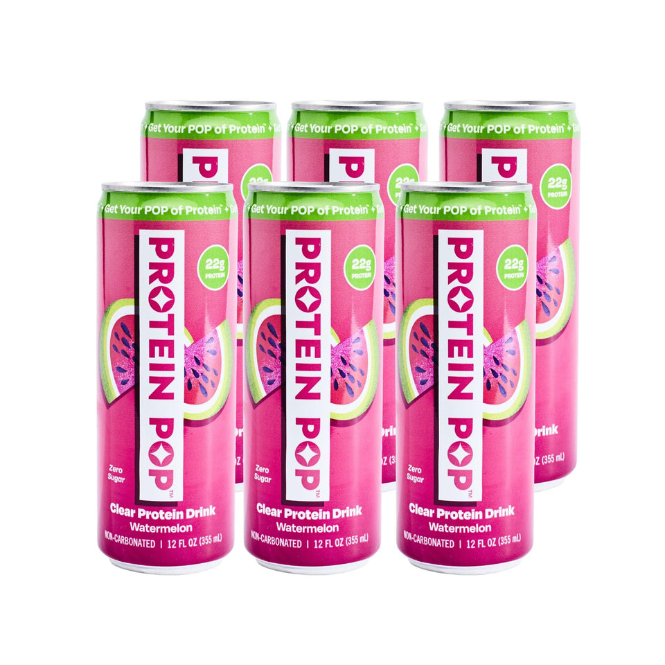 Protein Pop Watermelon clear whey can front view for post-workout refreshment.