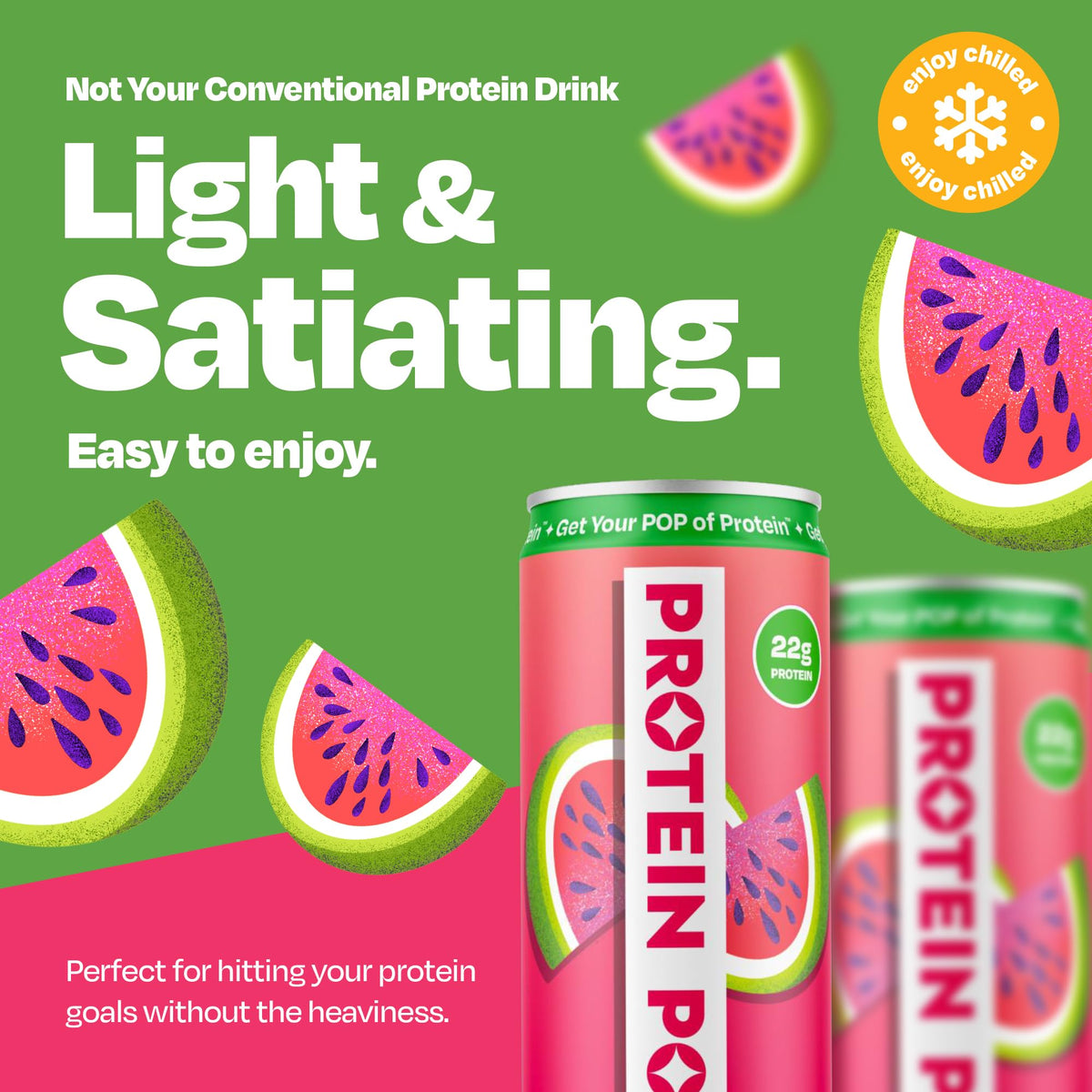 Protein Pop Watermelon clear whey label close-up showing 22g protein per can.