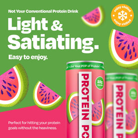 Protein Pop Watermelon clear whey label close-up showing 22g protein per can.