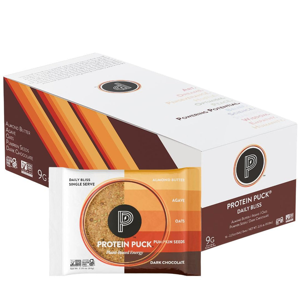 Protein Puck Daily Bliss bar pack 16-count, front view for on-the-go energy