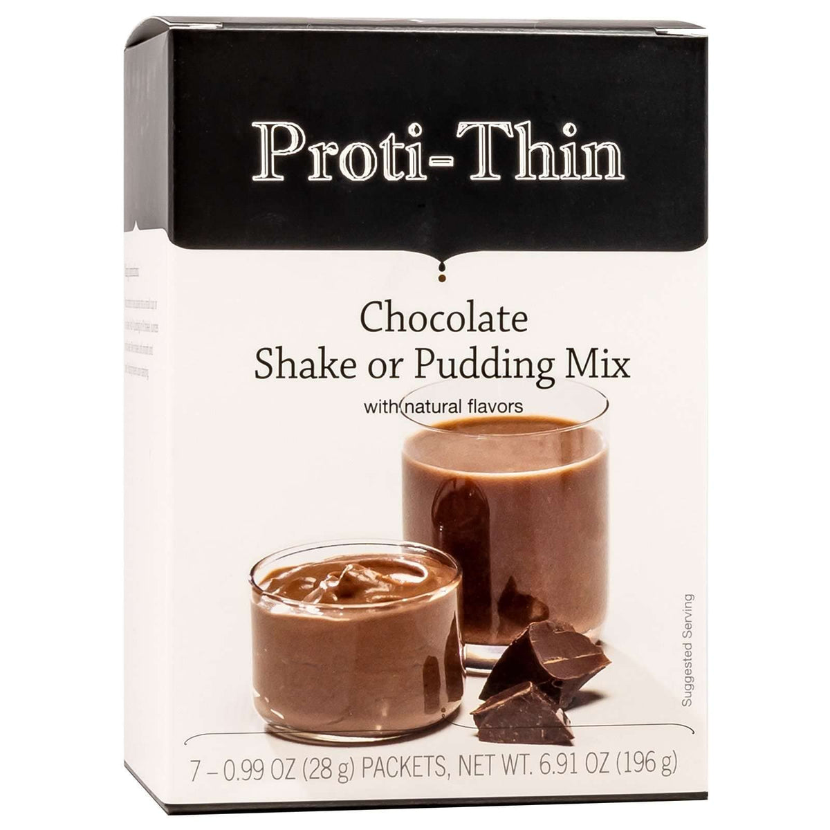 Proti-Thin chocolate pudding mix box ready to mix for a high-protein dessert.
