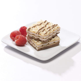 Close-up of Proti-Thin Raspberry Wafer Squares with raspberry filling and chocolate finish.
