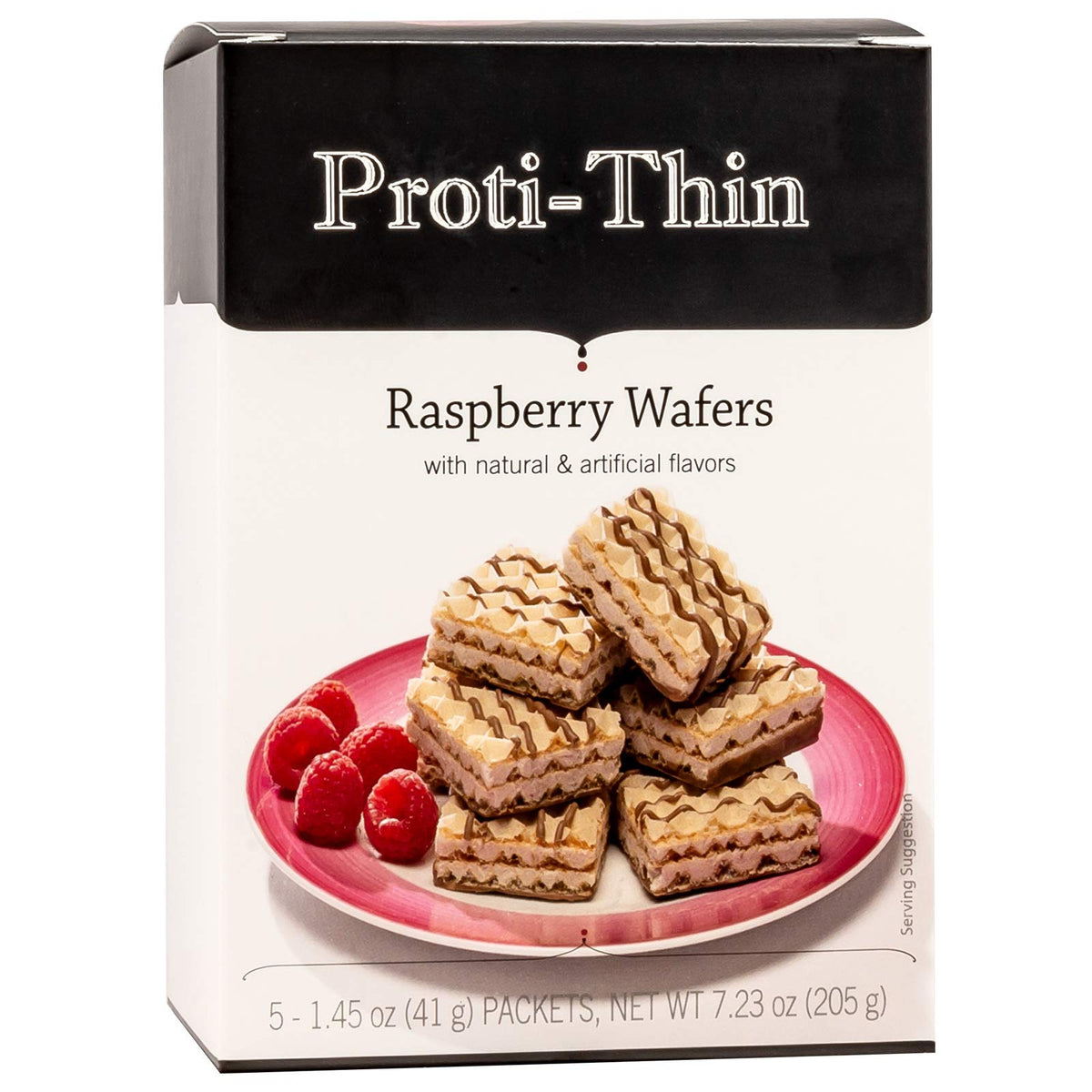 Proti-Thin Raspberry Wafer Squares packaging, convenient 5-count box for on-the-go snacking.