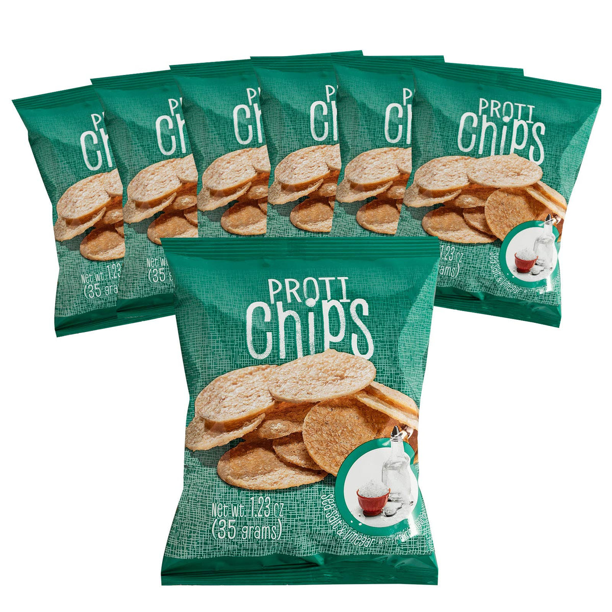 Proti-Thin Salt and Vinegar bag front highlights single-serving convenience for on-the-go snacking.