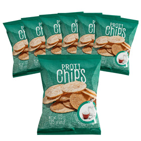 Proti-Thin Salt and Vinegar bag front highlights single-serving convenience for on-the-go snacking.