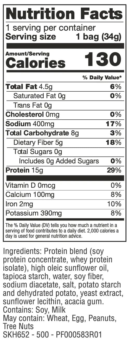 Proti-Thin Salt and Vinegar bag back shows nutrition panel with protein and fiber.