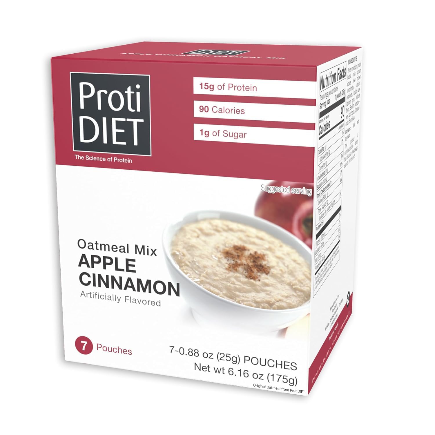ProtiDIET Apple Cinnamon Oatmeal box shows a protein-packed breakfast option.