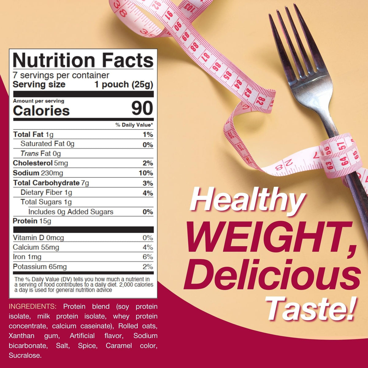Nutrition facts label from ProtiDIET Apple Cinnamon Oatmeal showing fiber and sugar-free.