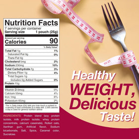 Nutrition facts label from ProtiDIET Apple Cinnamon Oatmeal showing fiber and sugar-free.