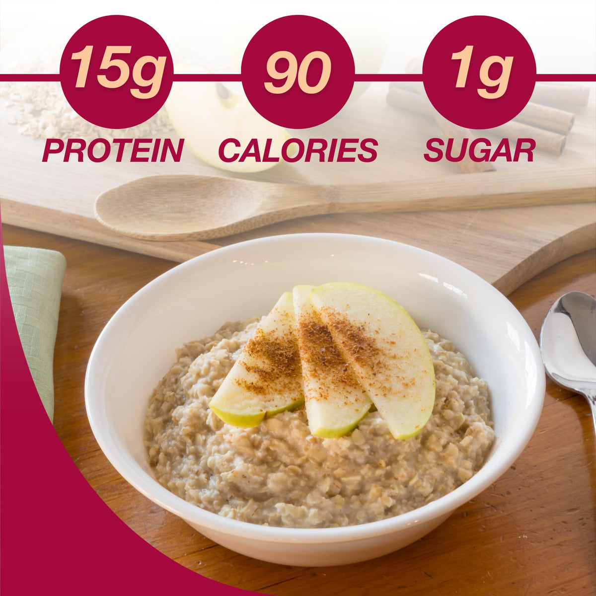 ProtiDIET Apple Cinnamon Oatmeal packet being poured for a quick, high-protein meal.