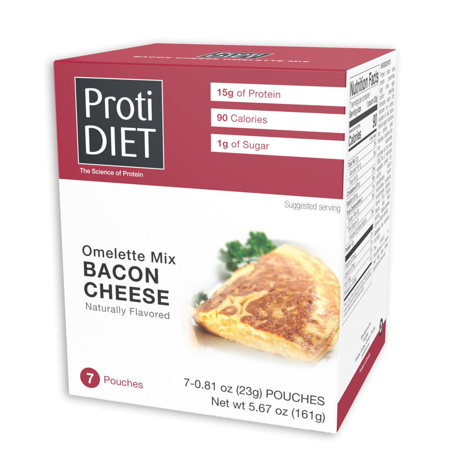ProtiDIET Bacon Cheese Omelette box front for quick high-protein breakfast