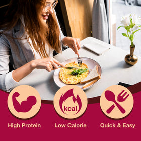 ProtiDIET Bacon Cheese Omelette cooking in a pan showing easy prep and quick meal