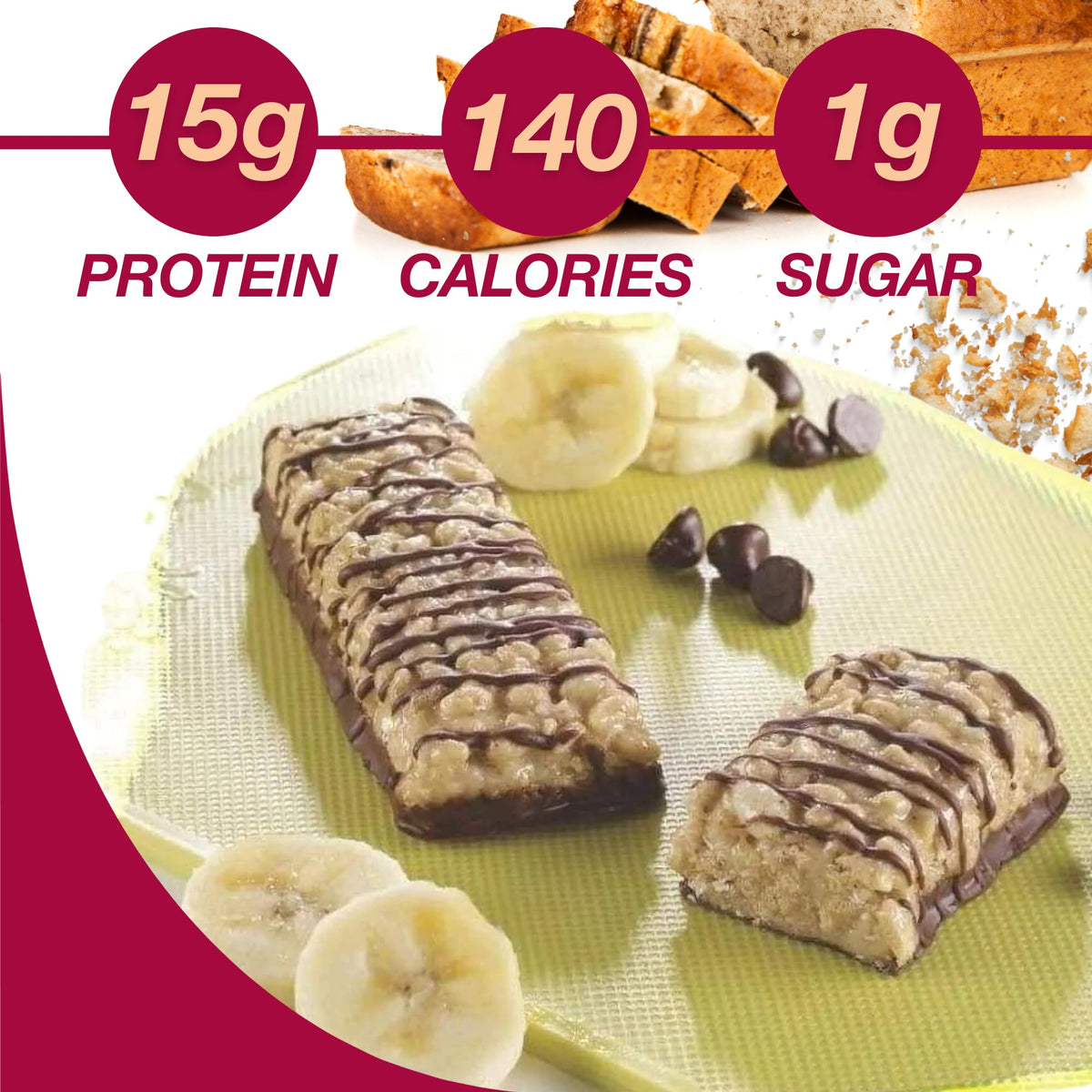 ProtiDIET Banana Bread Bar grainy texture close-up with chocolate coating for satisfying bite