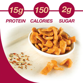 Close-up of ProtiDIET BBQ crisps texture shows crunchy, flavorful bites.
