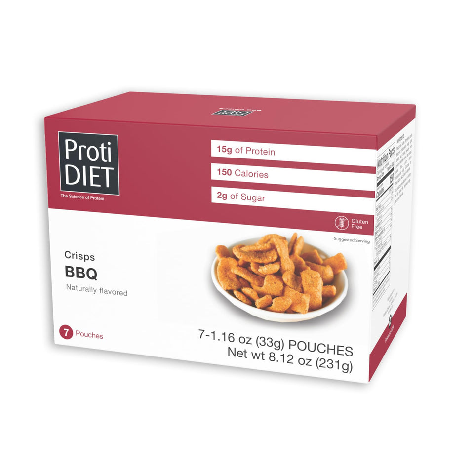 ProtiDIET BBQ crisps in bag, a protein-packed gluten-free snack for on-the-go.