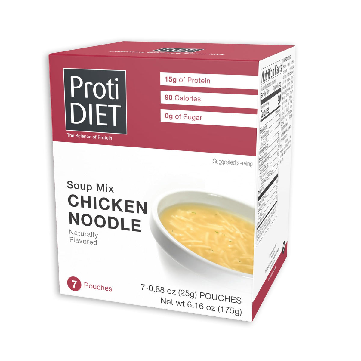 ProtiDIET chicken noodle soup box showing 7 protein-packed pouches for quick meals.