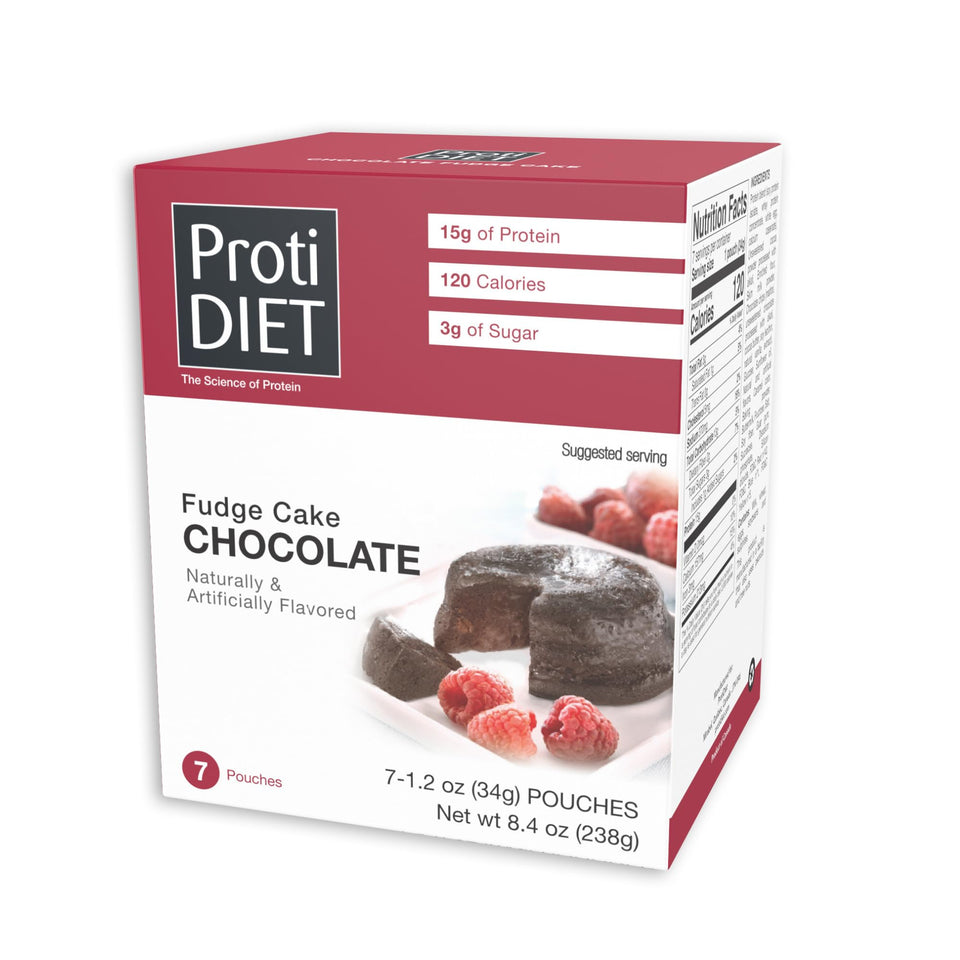 ProtiDIET chocolate fudge cake pouch ready to prepare with high protein per serving