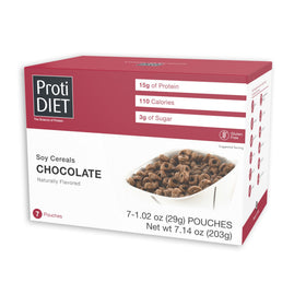 ProtiDIET chocolate soy cereal in a bowl with milk, protein-packed breakfast option.