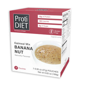 ProtiDIET banana-nut oatmeal box front highlighting gluten-free, high-protein breakfast