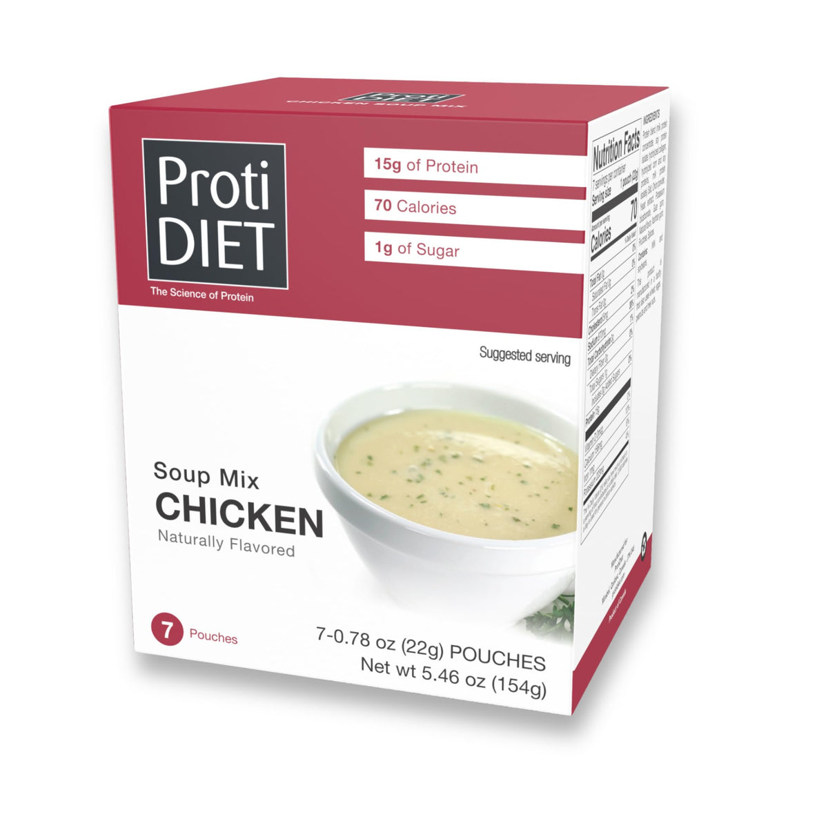 ProtiDIET high protein chicken soup mix being poured for a quick meal.