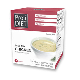 ProtiDIET high protein chicken soup mix being poured for a quick meal.