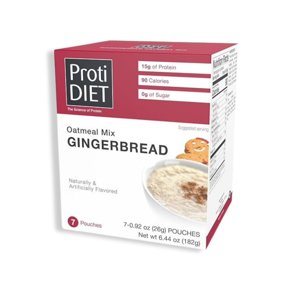 ProtiDIET Gingerbread Oatmeal box showing a protein-packed breakfast option for busy mornings