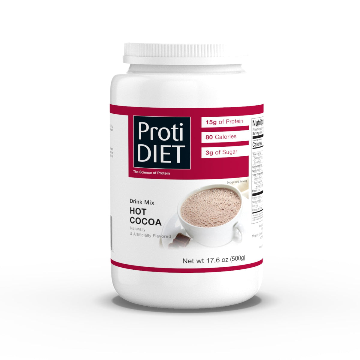 ProtiDIET high protein hot cocoa canister for a protein-packed treat anytime.