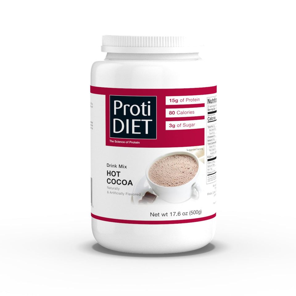 ProtiDIET high protein hot cocoa canister for a protein-packed treat anytime.