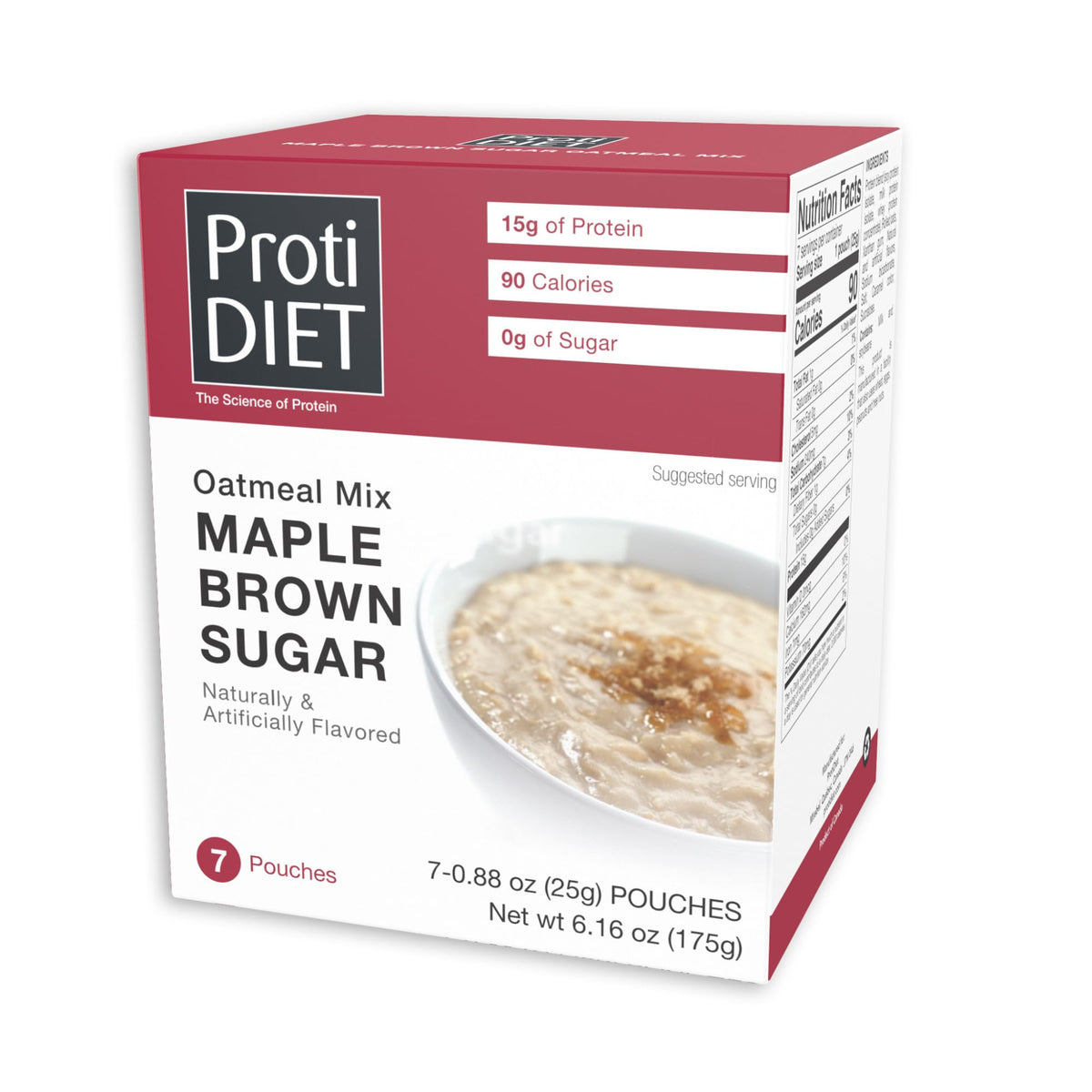 ProtiDIET high protein maple brown sugar oatmeal box front showing seven servings