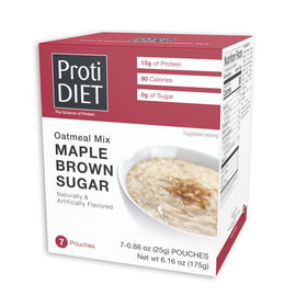 ProtiDIET high protein maple brown sugar oatmeal box front showing seven servings