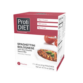 ProtiDIET high protein Spaghettini Bolognese pouch closeup highlighting protein-packed meal