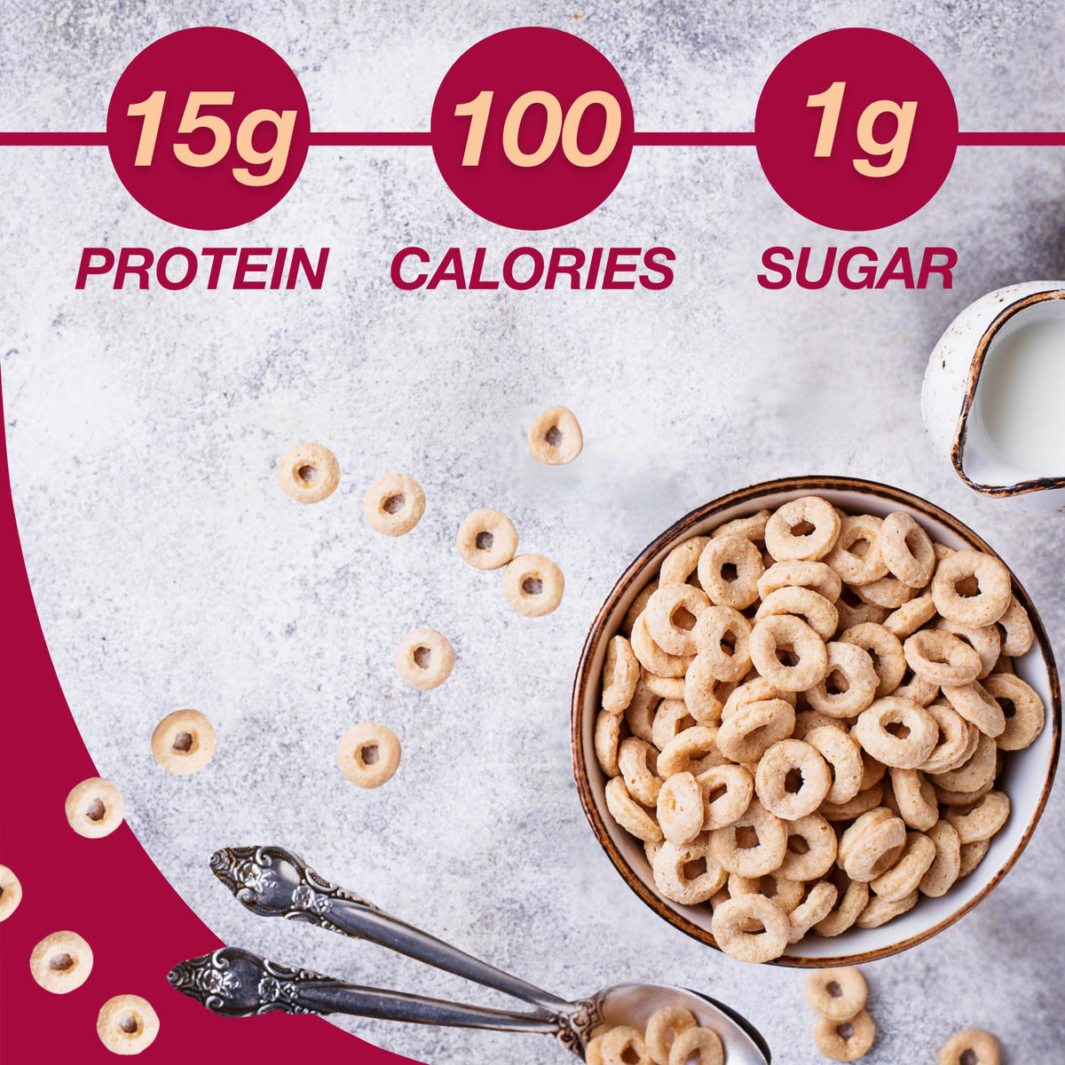 ProtiDIET Honey Nut Soy Cereal bowl with milk, high-protein breakfast.
