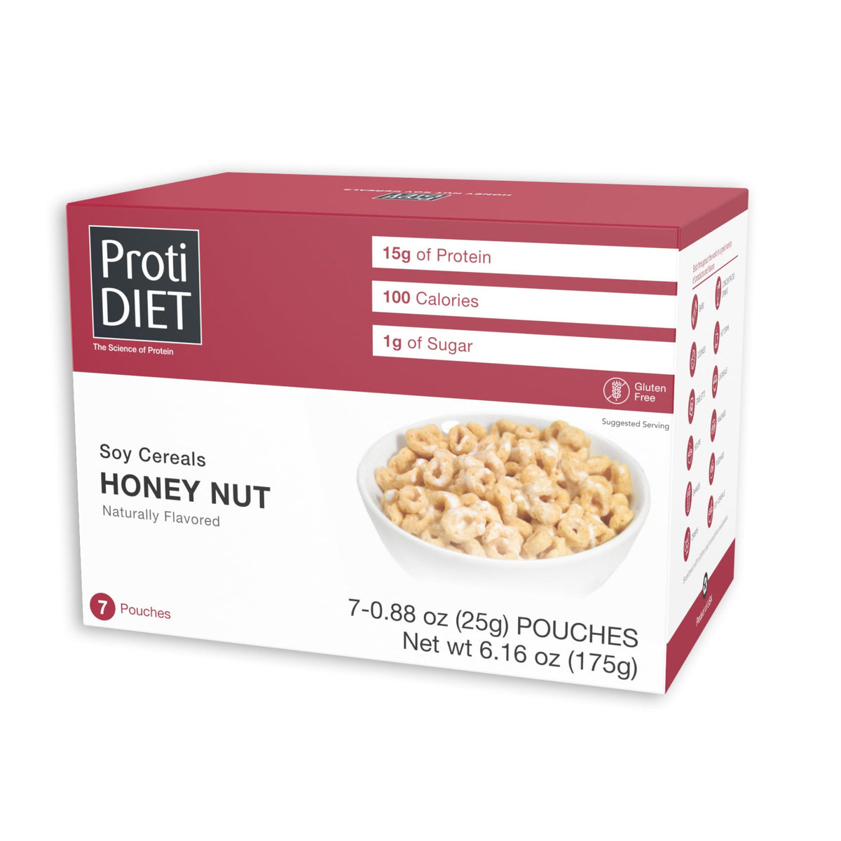ProtiDIET Honey Nut Soy Cereal packaging front, gluten-free and keto-friendly breakfast option.