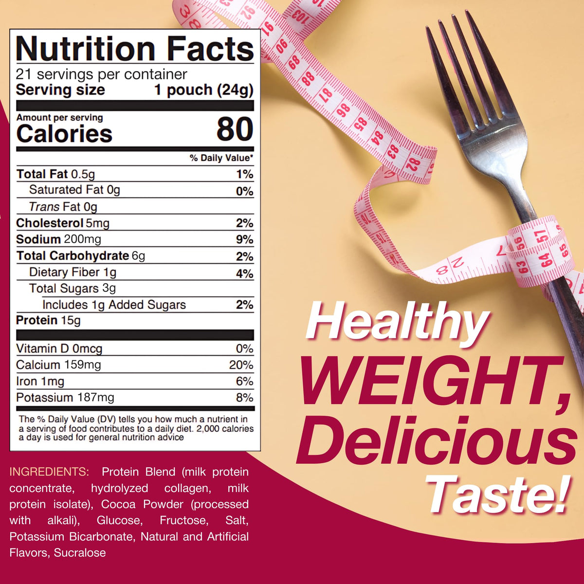 ProtiDIET hot cocoa nutrition panel shows low fat and calorie-friendly option.