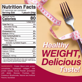 ProtiDIET hot cocoa nutrition panel shows low fat and calorie-friendly option.