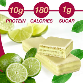 ProtiDIET Key Lime Pie Wafer Bar cross-section reveals creamy center and crispy shell.