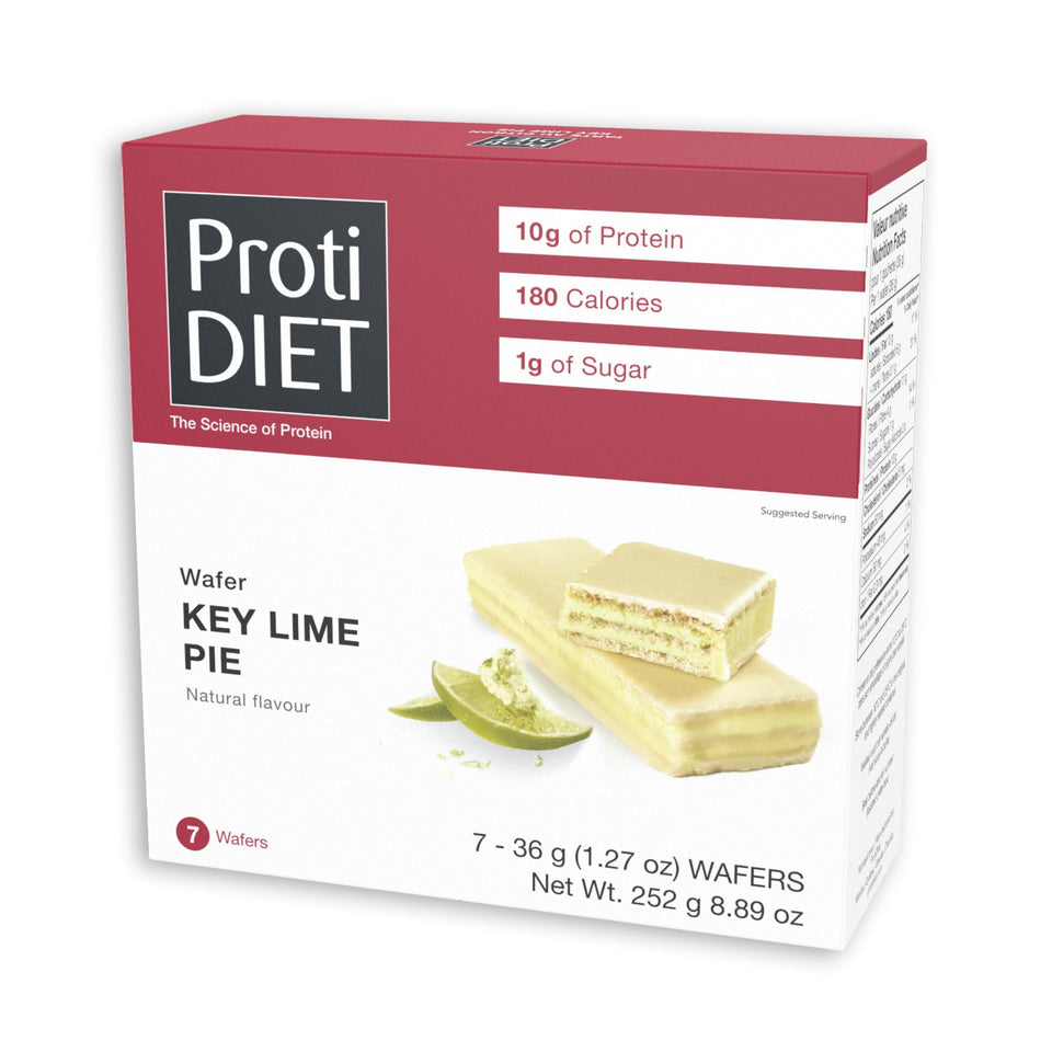 ProtiDIET Key Lime Pie Wafer Bar packaging shown for on-the-go snacking.