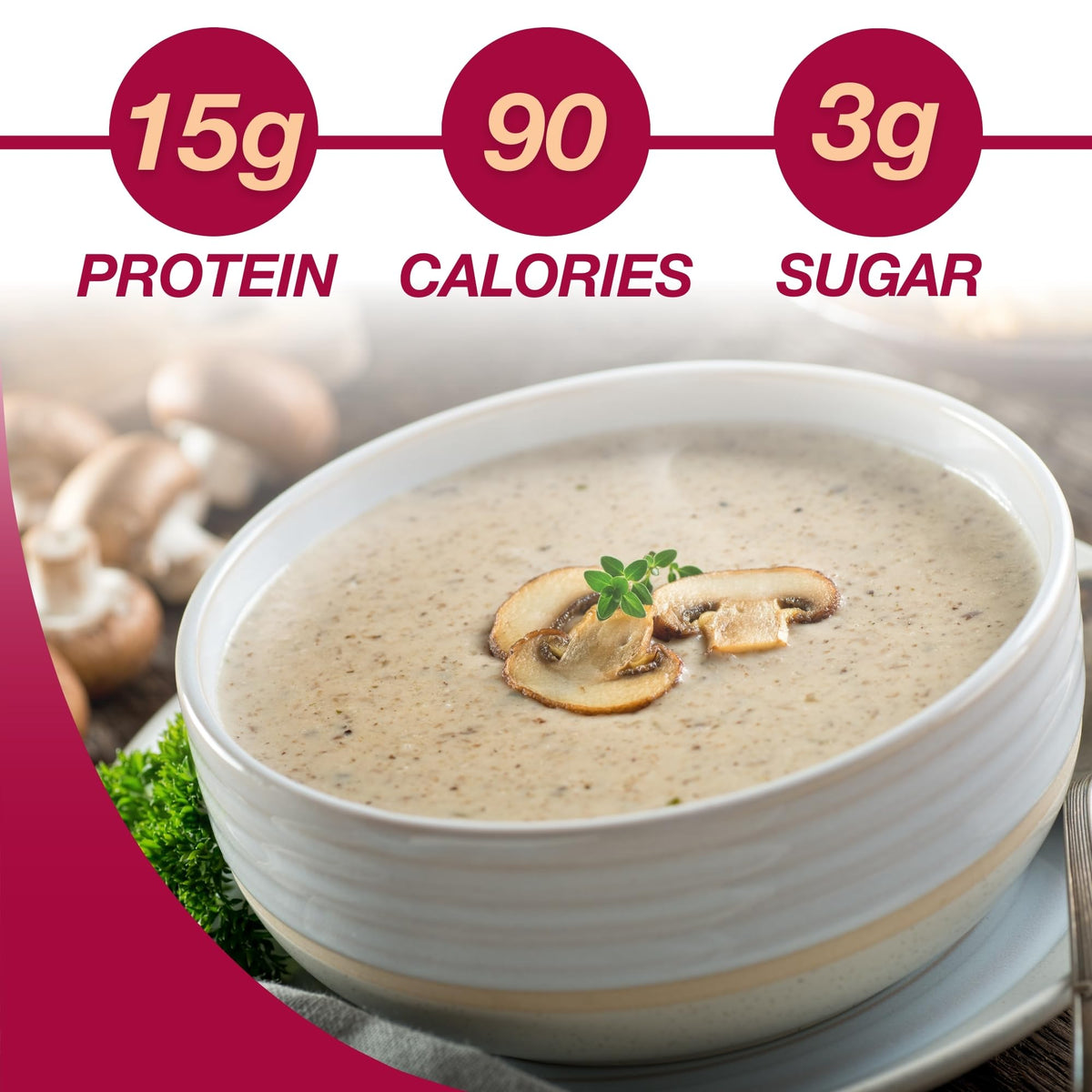 ProtiDIET mushroom soup powder dissolving in hot water for fast prep