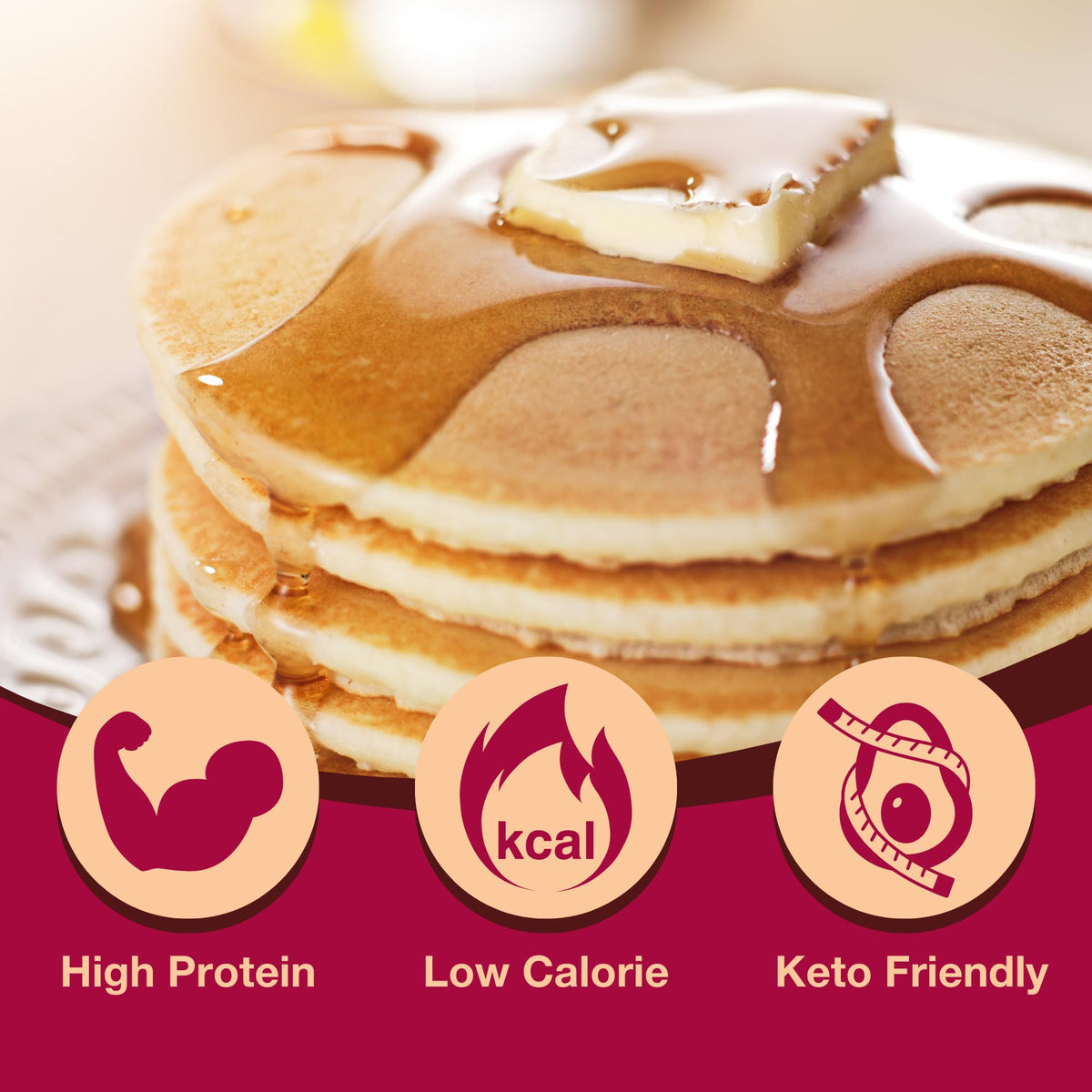 Golden ProtiDIET pancakes cooking in a pan with fluffy texture.