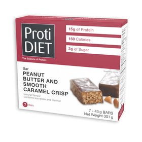 ProtiDIET Peanut Butter Smooth Caramel Crisp Bar box showcases gluten-free, high-protein convenience.