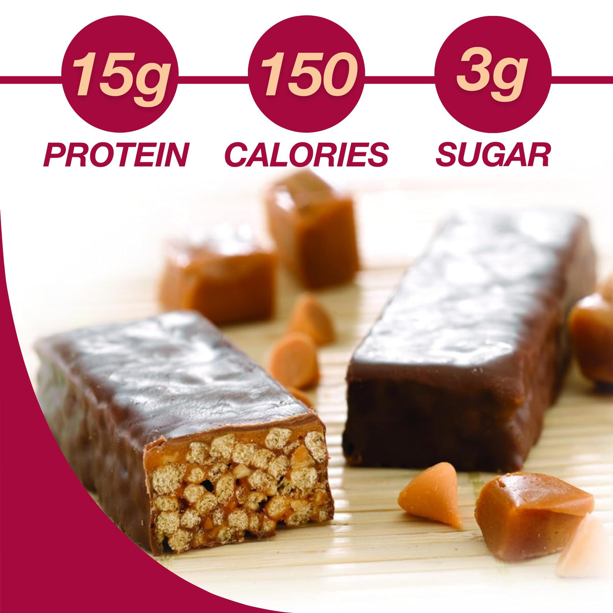 Cross-section of ProtiDIET Peanut Butter Smooth Caramel Crisp Bar showing texture and filling.