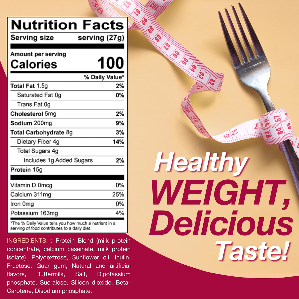 ProtiDIET Vanilla shake measurement cup shows quick prep in 5-8 oz water.