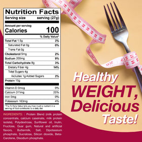 ProtiDIET Vanilla shake measurement cup shows quick prep in 5-8 oz water.
