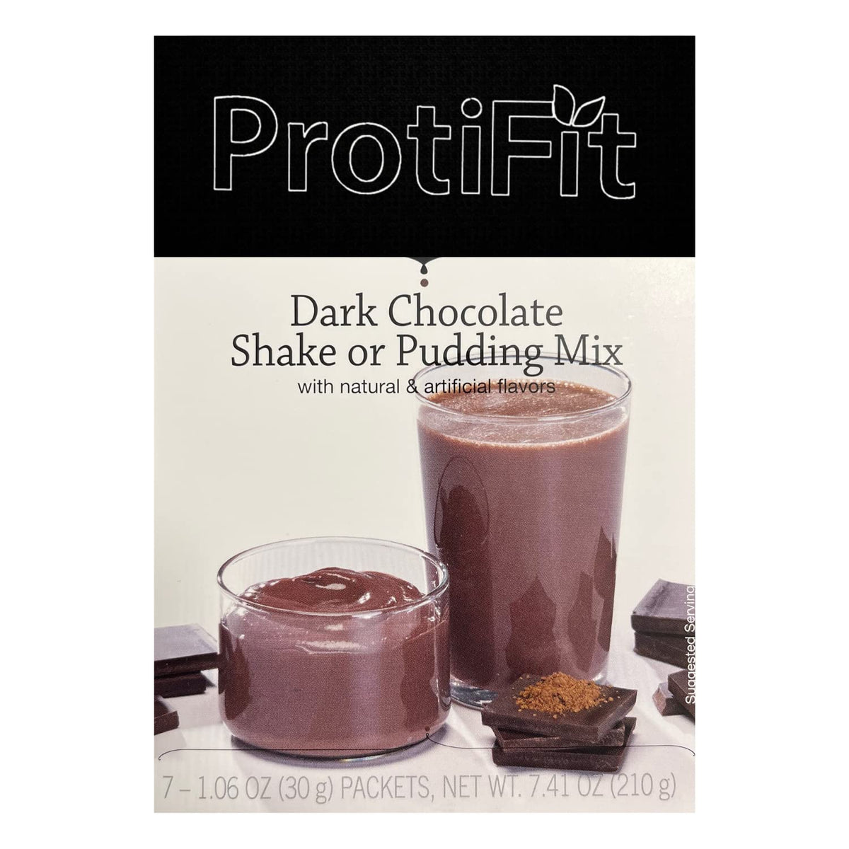 Protifit dark chocolate pudding packaging highlights 15g protein per serving.