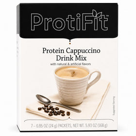 ProtiFit high protein hot drink box with seven packets, convenient for busy mornings.