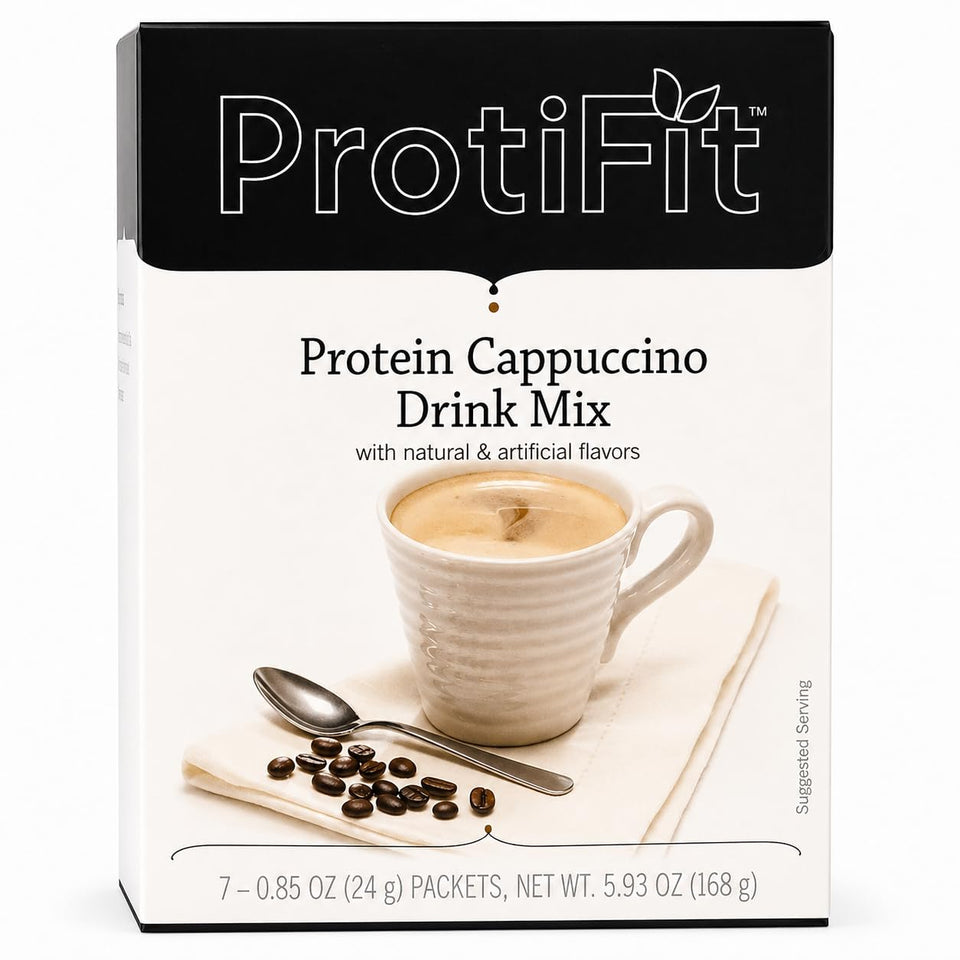 ProtiFit high protein hot drink box with seven packets, convenient for busy mornings.